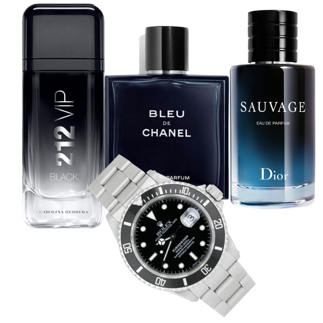 KIT GOLD ELEGANCE 4 EN 1 :  3 FRAGANCIAS + RELOJ SUBMARINER GRATIS