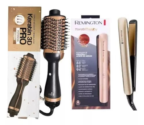 Combo 2 en 1: Cepillo Secador y Alisador Pro + Plancha Remington con Queratina para un Cabello Perfecto y Brillante en Casa! 🌟 Llévate 2 al precio de 1 🎉 Últimas unidades disponibles de este récord de ventas! 🚨 No pierdas esta oportunidad. ⏳