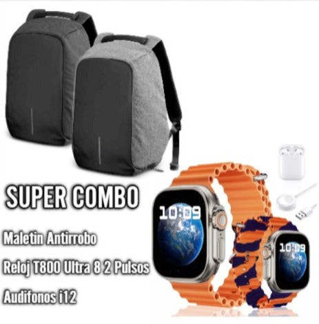 Combo Premium: Mochila Antirrobo,Smartwatch T800 Ultra y Auriculares i12